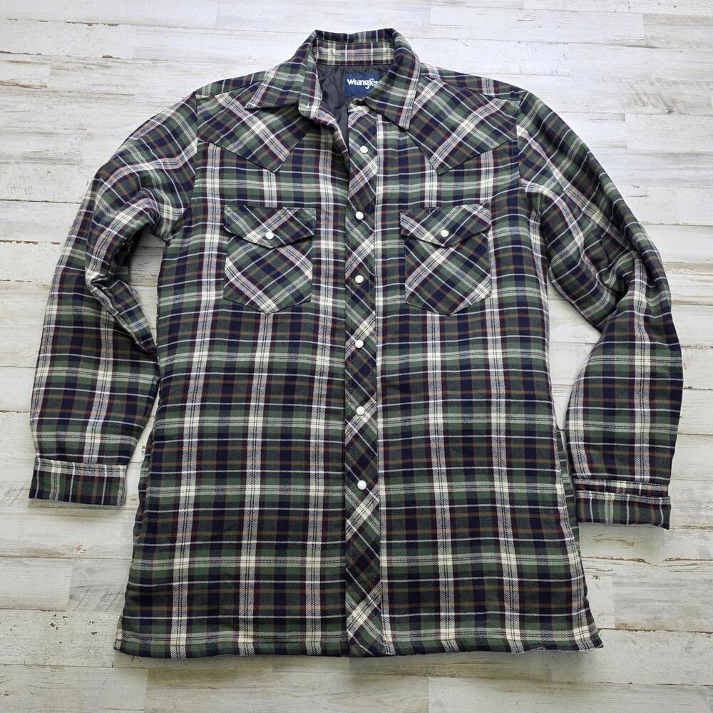 Wrangler Quilted Shirt Jacket Flannel Pearl Snap Plaid Shacket Quilted Sz S